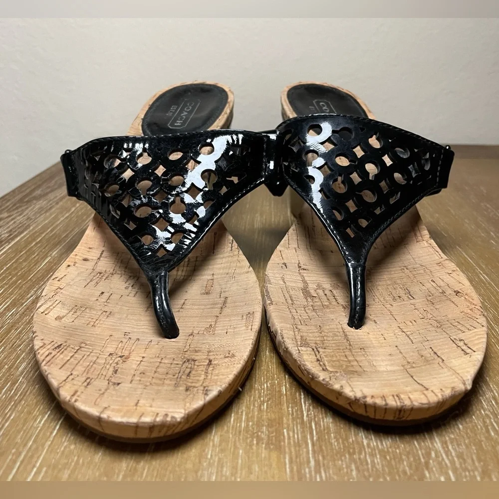 Coach Brookk Black Patent Leather Cork Wedge Sandals Signature Logo Size 7.5B